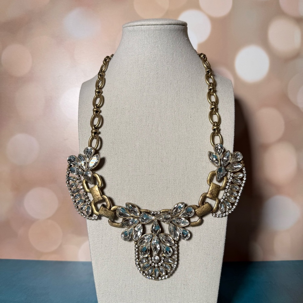 J.Crew Statement Necklace Art Deco Gatsby Gold Crystal Cluster Clear Rhinestone